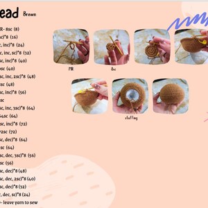 May include: A step-by-step guide for crocheting a brown head for a stuffed animal. The instructions include the number of stitches to use for each row, along with abbreviations for different crochet stitches. The images show the progress of the crocheting process, from the initial stitches to the finished head.