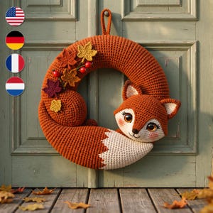Op de afbeelding: Een ronde gehaakte krans met een vossenontwerp, voorzien van een groot oranje lichaam, een witte borst en een lange staart. De krans is versierd met kleine gehaakte herfstbladeren in tinten geel, oranje en donkerrood, samen met kleine rode besjes.