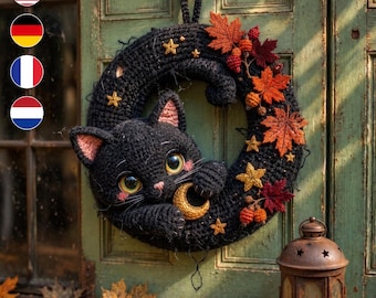 May include: A black crocheted wreath featuring a large black cat with yellow eyes holding a small golden crescent moon. The wreath is decorated with orange and red fabric maple leaves, small brown berries, and several small golden stars.