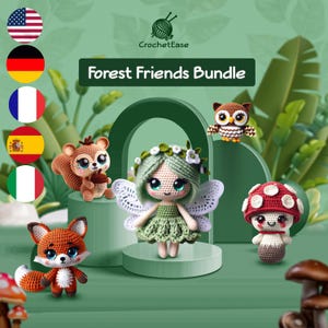 Pacchetto Forest Friends - Adorabili modelli all'uncinetto in 5 lingue (scoiattolo, volpe, fata, fungo, gufo)