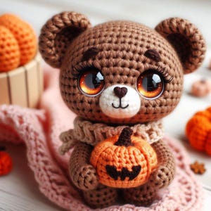 May include: A brown crocheted teddy bear with large, sparkly eyes holds a small orange crocheted pumpkin with a jack-o'-lantern face. The bear is wearing a brown scarf.