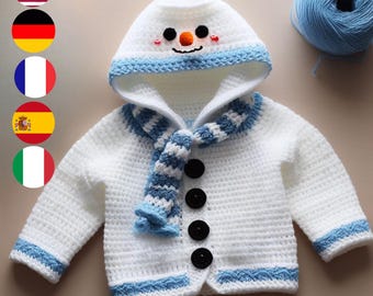 Virkmönster till snögubbekofta med huva – alla storlekar – festlig flerspråkig guide (engelska, franska, tyska, italienska, spanska)