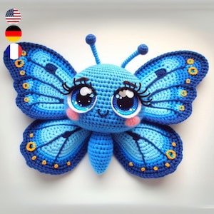 Modello all'uncinetto per farfalla Blue Morpho – Insetto Amigurumi dettagliato in inglese, francese e tedesco