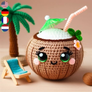 May include: A crocheted coconut with a smiling face, large green eyes, and pink cheeks. It has a green straw and a green and white umbrella sticking out of the top. The coconut is sitting on a wooden surface next to a small blue beach chair and a palm tree.
