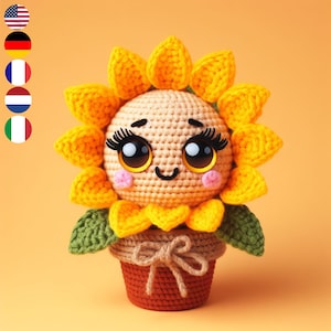 Mehrsprachiges Sonnenblumen-Häkelmuster im PDF-Format – erhältlich in Englisch, Französisch, Deutsch, Niederländisch, Italienisch – DIY florale Heimdekoration