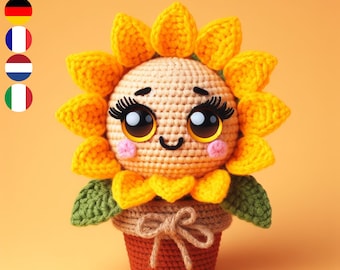 Patrón de crochet de girasol multilingüe PDF - Disponible en inglés, francés, alemán, holandés e italiano - Decoración floral para el hogar DIY