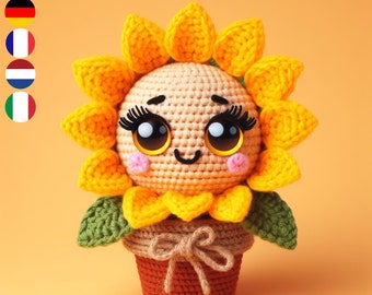 Multilingual Sunflower Crochet Pattern PDF - Available in English, French, German, Dutch, Italian - DIY Floral Home Decor