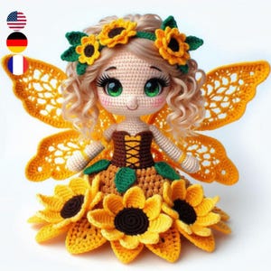 Könnte beinhalten: Eine gehäkelte Puppe mit blonden Locken, die ein braunes und grünes Kleid mit Sonnenblumenmuster trägt. Die Puppe hat große grüne Augen und ein süßes Lächeln. Die Puppe trägt eine Sonnenblumenkrone und hat gehäkelte Flügel.