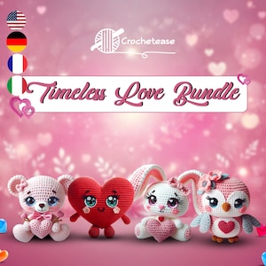 Puede incluir: Un paquete de crochet con cuatro patrones de amigurumi: un oso rosa sosteniendo un corazón, un corazón rojo con una cara sonriente, un conejito blanco sosteniendo un corazón y un búho rosa sosteniendo un corazón. El título "Timeless Love Bundle" se muestra sobre el amigurumi.