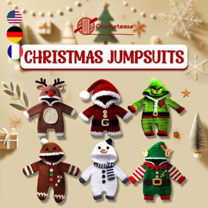 Juljumpsuits – 6 virkmönster (tomte, ren, älva, snögubbe, Grinchen pepparkaka) på engelska, franska och tyska