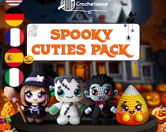 May include: A set of four crochet amigurumi Halloween characters: a witch, a Frankenstein monster, a vampire, and a candy corn. The characters are all smiling and have big eyes. The background is a spooky Halloween scene with a house, a moon, and bats.