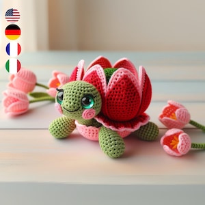 Modello all'uncinetto tartaruga tulipano - Amigurumi floreale in inglese, francese, tedesco e italiano