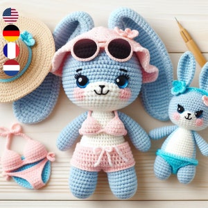 Beach Bunny Crochet Pattern - Handmade Gift Idea PDF Multi-Language Guide (English, French, Dutch, German)