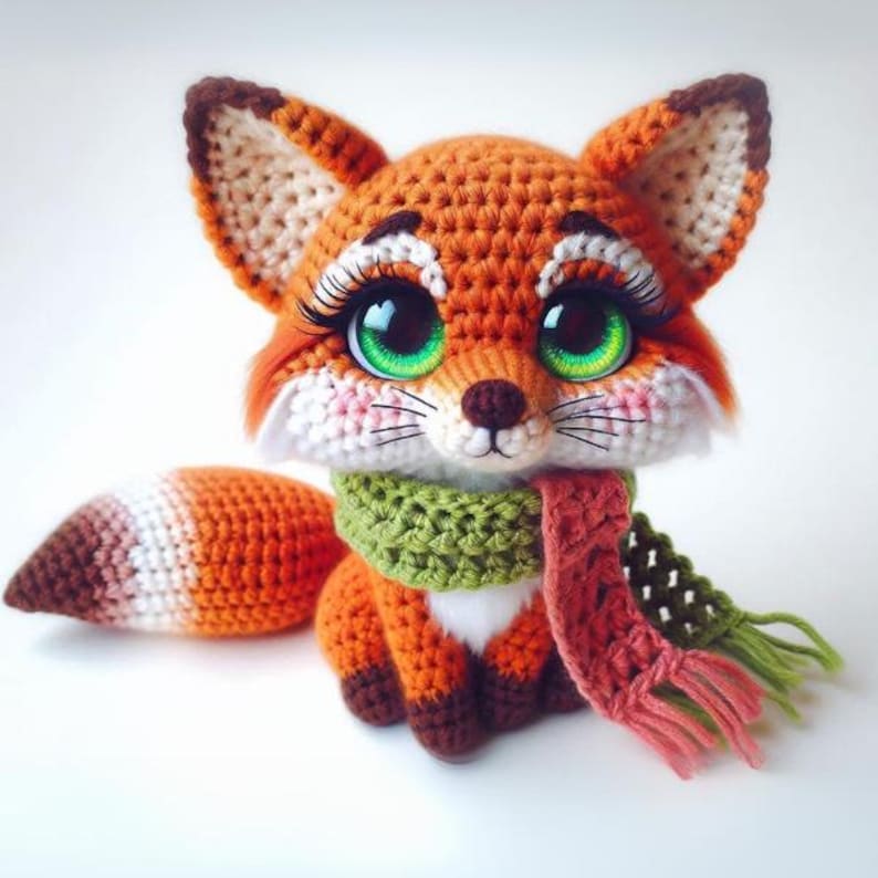 May include: A crocheted fox plush toy with large green eyes, a white muzzle, and a brown, orange, and white striped tail. The fox is wearing a green and pink scarf.