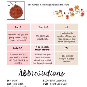 May include: An instructional guide titled How to Read the Pattern featuring a crochet diagram, a table explaining round sequences with text like 2 sc, inc and x6, and a list of abbreviations including ch, sl st, sc, hdc, dc, inc, dec, BLO, and FLO.