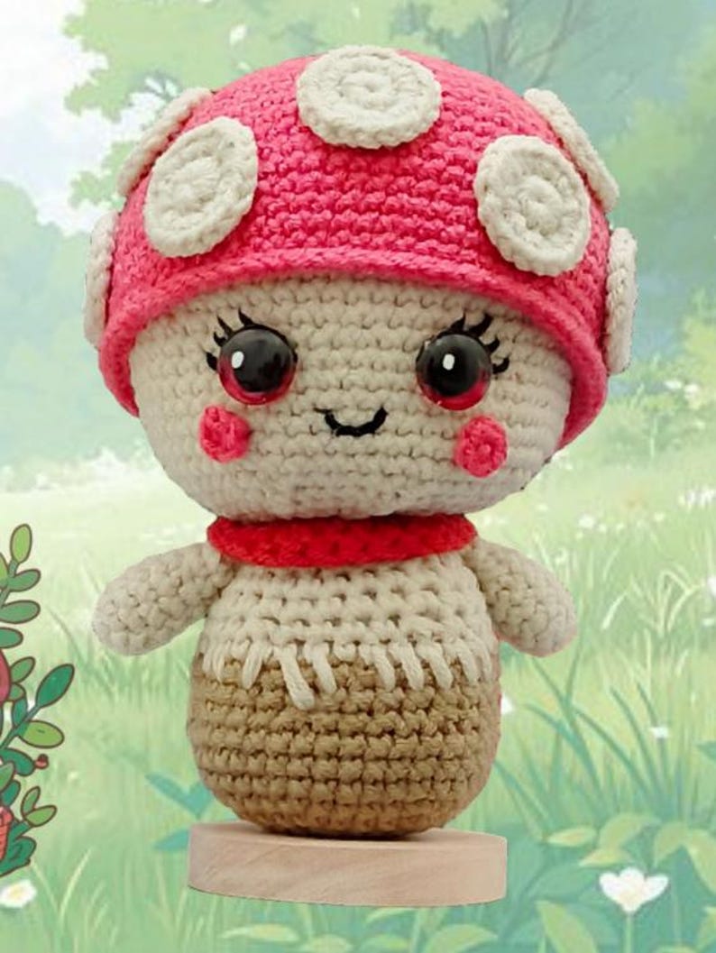 May include: A crocheted mushroom plush toy with a pink and white cap, white body, and brown stem. The toy has a smiling face with black eyes and red cheeks.