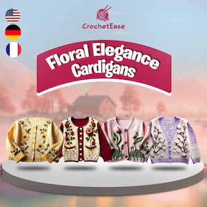 Op de afbeelding: Vier gebreide vesten met bloemenmotieven. De vesten zijn in geel, crème, roze en paars. De tekst "Floral Elegance Cardigans" wordt boven de vesten weergegeven.