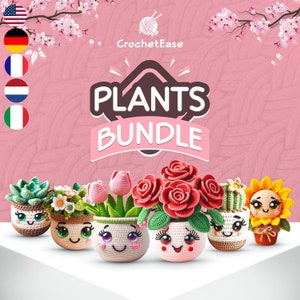 Collezione Amigurumi Spring Garden - Guida multilingue Modelli all'uncinetto per fioriere di girasole, rosa, tulipano, cactus, piante grasse e floreali