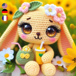 May include: A crocheted bunny doll with large, expressive eyes and long eyelashes. The bunny wears a floral crown and has rosy cheeks. It holds a green drink with a lemon slice and a yellow drink with a straw. The doll is a soft yellow color.