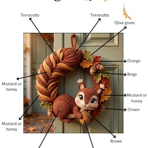 May include: A crochet wreath featuring a central squirrel figure holding an acorn, surrounded by autumn-themed elements including leaves in terracotta, olive green, orange, and mustard yellow, with cream and brown accents on the squirrel.