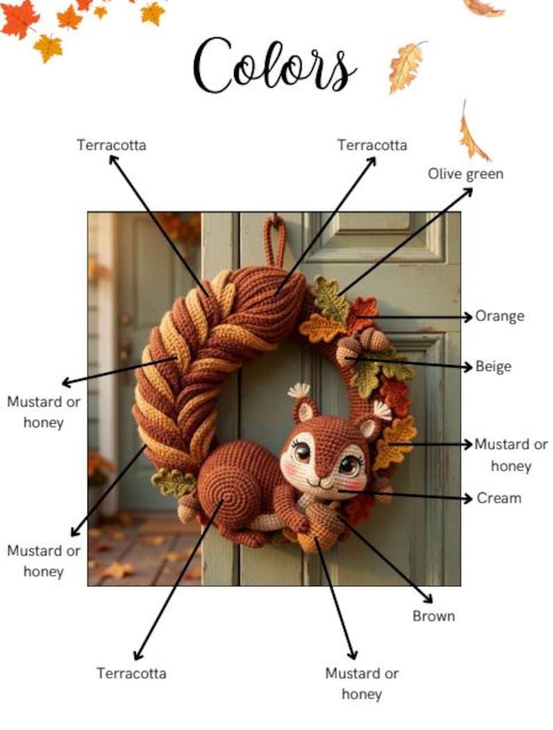 May include: A crochet wreath featuring a central squirrel figure holding an acorn, surrounded by autumn-themed elements including leaves in terracotta, olive green, orange, and mustard yellow, with cream and brown accents on the squirrel.
