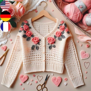 Roses Cardigan Crochet Pattern: Multi-Language Guide (English, French, German), Perfect for a Blossoming Handmade Wardrobe