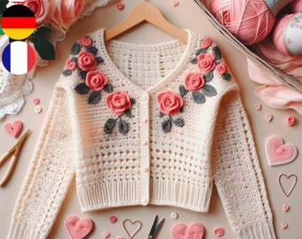 Roses Cardigan Crochet Pattern: Multi-Language Guide (English, French, German), Perfect for a Blossoming Handmade Wardrobe