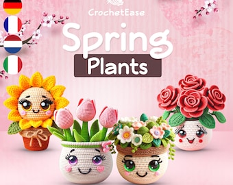 Può includere: Modello CrochetEase Spring Plants con tre piante in vaso all'uncinetto: un girasole, tulipani e rose. Ogni pianta ha un viso carino ed è in un vaso marrone con un bordo bianco.