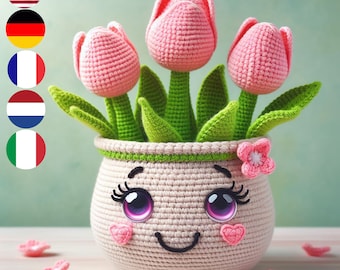 Modèle de tulipe au crochet : guide de création de tulipes en plusieurs langues (anglais, français, néerlandais, allemand et italien), pour une ambiance printanière et des cadeaux