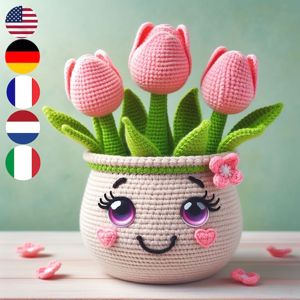 Modèle de tulipe au crochet : guide de création de tulipes en plusieurs langues (anglais, français, néerlandais, allemand et italien), pour une ambiance printanière et des cadeaux