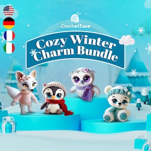 May include: A set of four crocheted winter animal charms, including a fox, penguin, owl, and bear. The charms are all wearing winter accessories, such as scarves and hats. The charms are displayed on a blue background with a wintery theme.