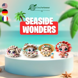 May include: An image promoting "Crochetease" with four crocheted sea creature dolls. The dolls are on a white platform with a beach background. The text "SEASIDE WONDERS" is in a red banner. The dolls are in various colours, with a starfish in the foreground.