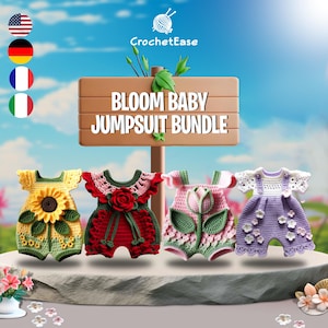 Lot de combinaisons pour bébés Bloom - 4 motifs floraux au crochet (tournesol, fleur, rose, tulipe) en anglais, français, allemand et italien