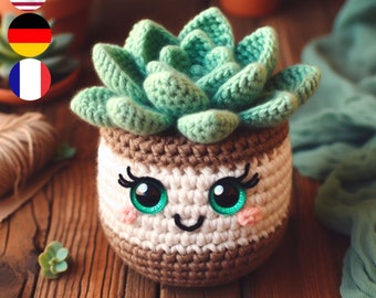 Succulent Plant Crochet Pattern, Perfect for Decor or Heartfelt Handmade Gift Multi-Language Guide (English, French, German)
