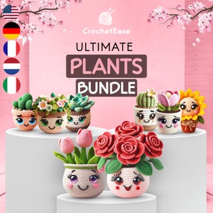 Pacchetto Piante Ultimate - 8 modelli all'uncinetto in 5 lingue (rosa, cactus, tulipano, girasole, floreale, succulenta)