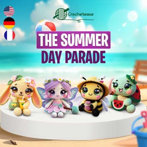 May include: An image promoting Crochetease, showcasing four crocheted amigurumi dolls: a bunny, a fairy, a bee, and a turtle. The dolls are on a white platform with a beach background. The text "THE SUMMER DAY PARADE" is visible.