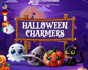 May include: A set of four crocheted Halloween-themed charms. The charms are a ghost, a witch, a pumpkin, and a black cat. The charms are all smiling and have big eyes. The charms are sitting on a purple platform with a wooden sign that says "Halloween Charmers".