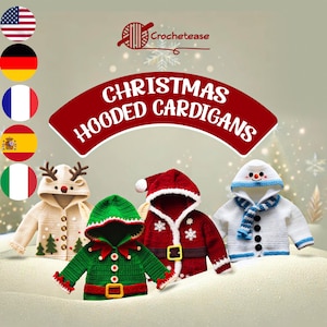 May include: Four crocheted hooded cardigans for children, featuring Christmas themes. The cardigans are in white, green, red, and beige, with various Christmas-themed designs, including a snowman, a reindeer, an elf, and Santa Claus.