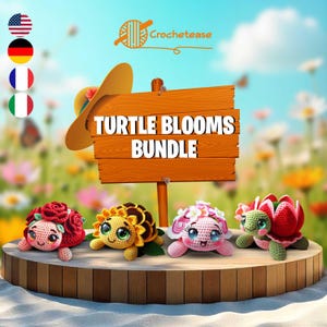Turtle Blooms Bundle - 4 modelli di tartarughe floreali all'uncinetto (rosa, tulipano, girasole, fiore) in inglese, francese, tedesco e italiano