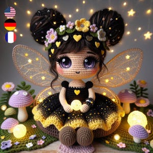 Puede incluir: Muñeca de hada de ganchillo hecha a mano, con grandes ojos, vestida con un vestido negro y amarillo con un detalle de corazón. La muñeca tiene alas y está rodeada de setas de ganchillo y luces brillantes. La hada tiene una corona de flores.