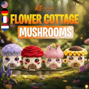 Blomstuga och svamp Virkmönsterpaket | Engelska Franska Tyska Holländska | 4 Fairy House Amigurumi PDF