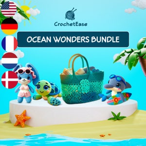 May include: Ocean Wonders Bundle crochet pattern set featuring a blue and pink bunny, a green turtle, and a blue dolphin on a surfboard. The pattern set also includes a crochet bag with a blue and green design. The image includes the text "CrochetEase" and "OCEAN WONDERS BUNDLE".