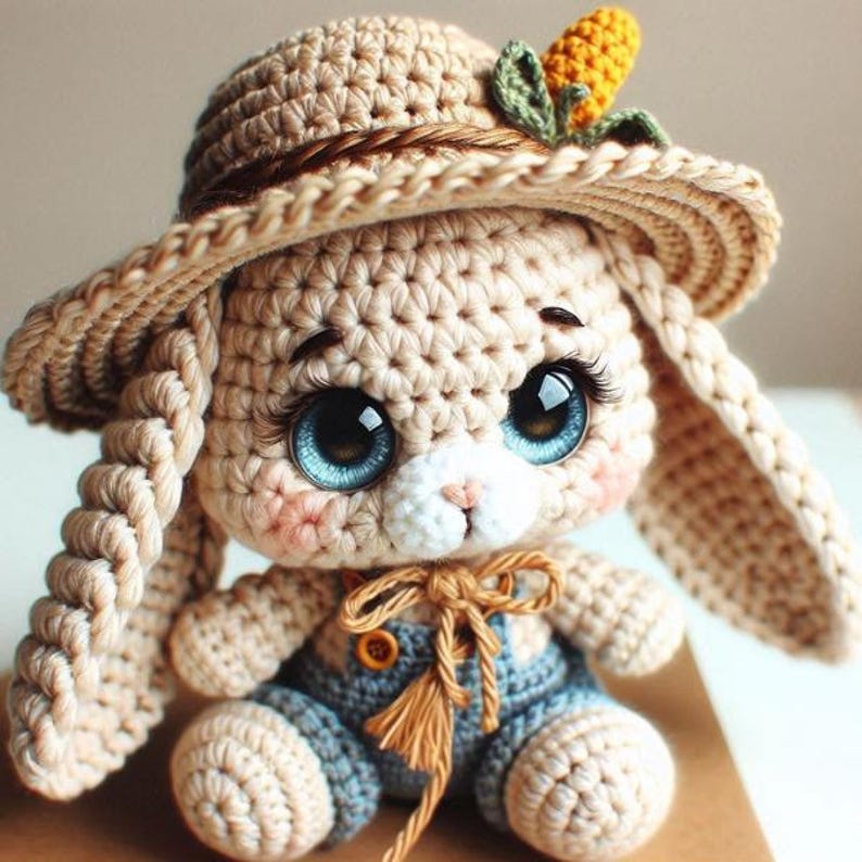 May include: A crocheted bunny wearing a straw hat with a corncob decoration. The bunny has large blue eyes and is wearing overalls.