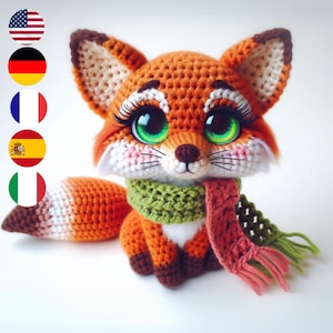 Schema all'uncinetto Amigurumi Autumn Fox - Volpe dei boschi carina - Guida PDF Guida multilingue (inglese, francese, tedesco, italiano, spagnolo)
