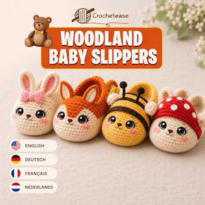 Woodland Slippers Crochet Pattern Bundle, 4 Animal Slippers, PDF in English, French, German, Dutch
