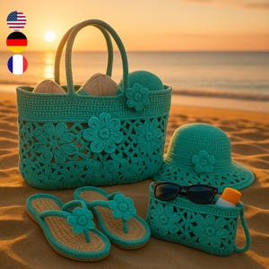 May include: A turquoise crochet beach set including a tote bag, sun hat, small purse, and flip-flops, all adorned with floral designs. The set also includes sunglasses and sunscreen, perfect for a day at the beach. The items are displayed on a sandy beach.
