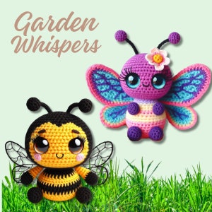 May include: A crocheted bee and butterfly amigurumi toy set. The bee is yellow and black with a smiling face and large eyes. The butterfly is pink with blue and green wings and a pink flower on its head. The toys are sitting on a bed of green grass.