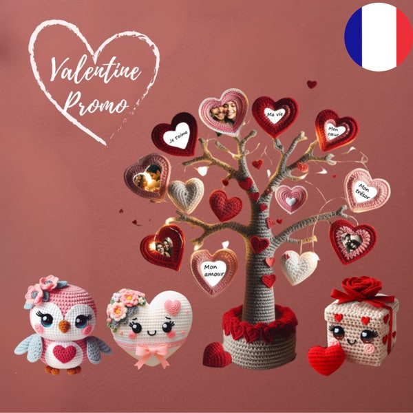 Pack Crochet Saint-Valentin : Boîte Douceur, Cœur Floral, Arbre et Chouette - Ensemble de Cadeaux DIY Romantiques, Idéal pour les Amoureux