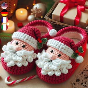 Santa Slippers Crochet Pattern with Festive Details Guide PDF Multi-Language Guide (English, French, German, Italian)