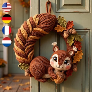 Virkmönster för ekorrekrans i PDF-format | Ekorrekrans i skogen | Virkad höstdekoration | Amigurumi-ekorre | Engelska Franska Tyska NL